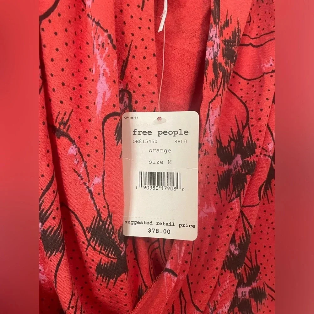 Free People Last Time Orange‎ Print Surplice Bell Sleeve Crop Top-size M NWT